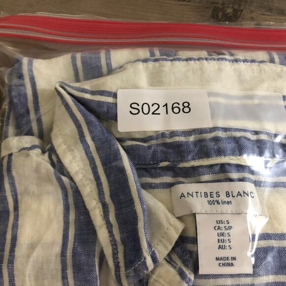 Antibes Blanc Womens Shirt Blue White Stripe Collared Button Down Linen Small - Picture 13 of 13